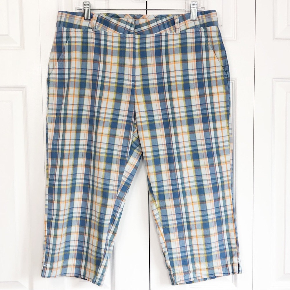 LL Bean Preppy Blue Multicolor Plaid Print Mid-Rise Capri Pants 14